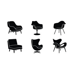 Set of Mid Century Modern Armchair Icons Black Silhouette Vector Furniture Illustrations for Interior Design and Decor © BABU