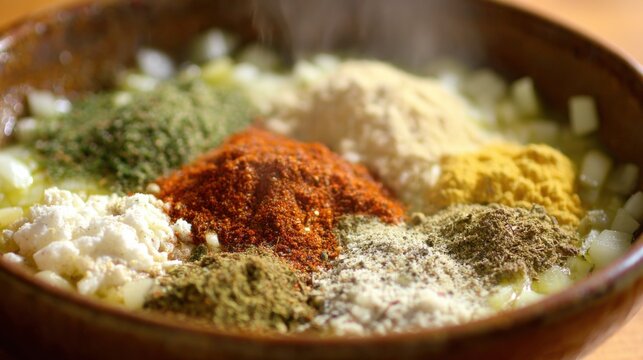 Spices and herbs arranged in a bowl for cooking in a kitchen setting