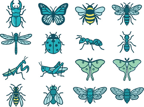 Insects icons set with various bugs.