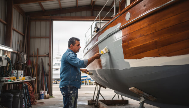 Professional senior male shipwright applying fresh grey paint onto the wooden hull of a classic boat using a hand brush inside a spacious marine workshop for seasonal vessel maintenance