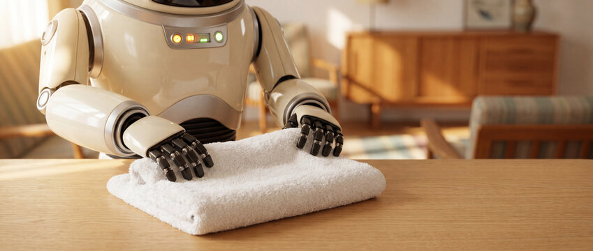 Retro-style robot carefully folding a white terrycloth towel on a wooden table in a sunlit living room, showcasing domestic automation and futuristic home assistance