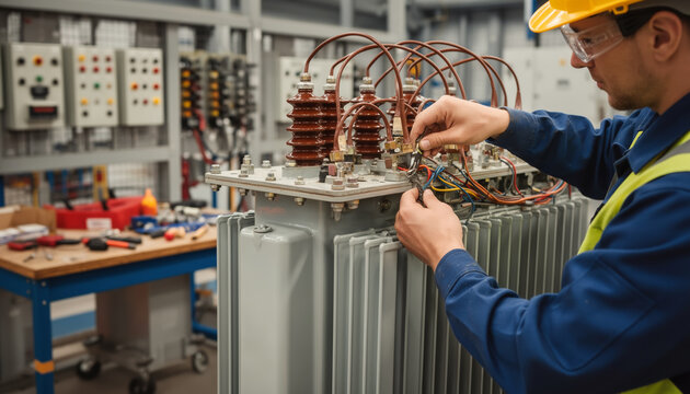 Professional male electrician wearing a hard hat carefully repairing a high voltage electrical transformer using specialized hand tools inside a modern industrial workshop environment