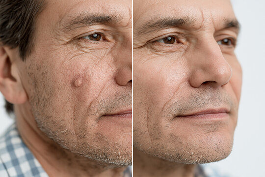 Before and after concept of mole and wart removal on a mature man's face. Split screen dermatology treatment comparison