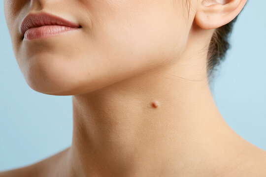 Close-up of skin tag papilloma on a woman's neck. Dermatology concept for laser mole removal clinic advertising