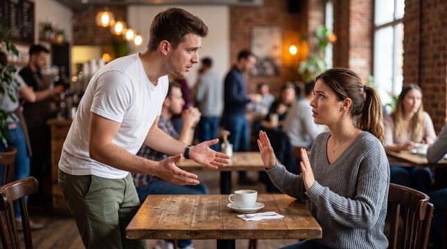 Stressed couple arguing in a cafe, unhappy man and woman having a conflict during a date, relationship problems and emotional breakup in public restaurant