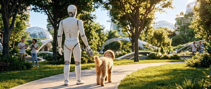 Futuristic humanoid robot walking a fluffy dog on a leash in a lush green park with modern biodomes and architecture in the background, bathed in warm sunlight
