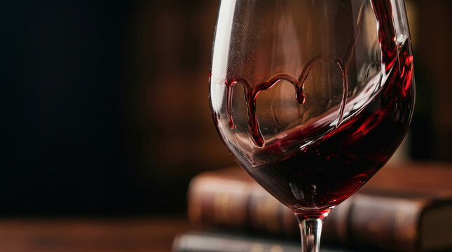 Red wine swirls elegantly in a glass with heart shaped etching above stacked vintage books on dark wooden surface