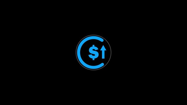 Abstract increase icon on black background. Dollar rate up looped icon. Reduce costs sign and symbol. motion video 4k quality..
