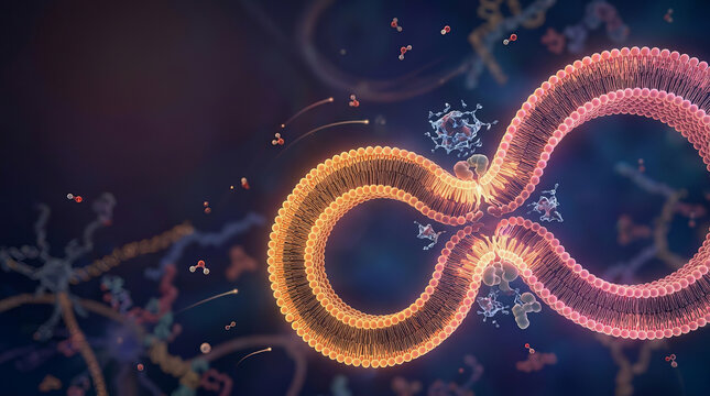 Scientific illustration of a double helix DNA strand with floating molecular structures and particles in deep blue space background