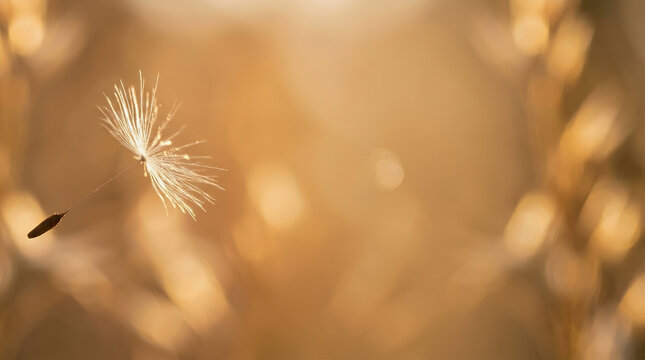 Single dandelion seed head floats in golden sunlight with blurred bokeh background of tall grass and warm natural light
