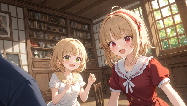 ILLUSTRAZIONE ANIME DIGITALE DI DUE BAMBINE BIONDE SORRIDENTI IN UNA STANZA CON LIBRERIE IN LEGNO 