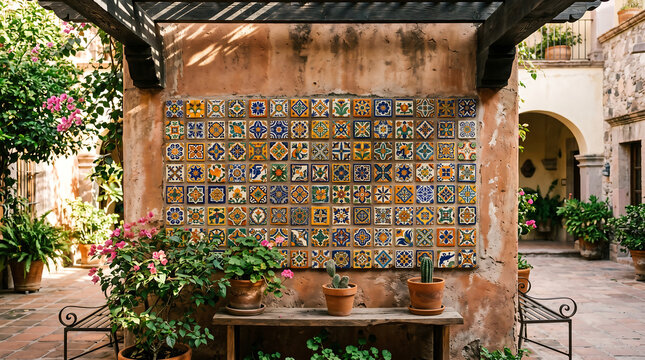 Colorful Mexican Talavera Tile Wall with Potted Plants
