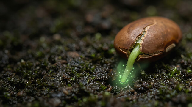 A brown seed sprouting a glowing green shoot from dark soil in macro photography.