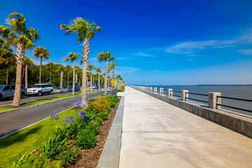Obraz premium Murray Boulevard Charleston North Carolina view of garden and walkway by the Ashley River circa 2026
