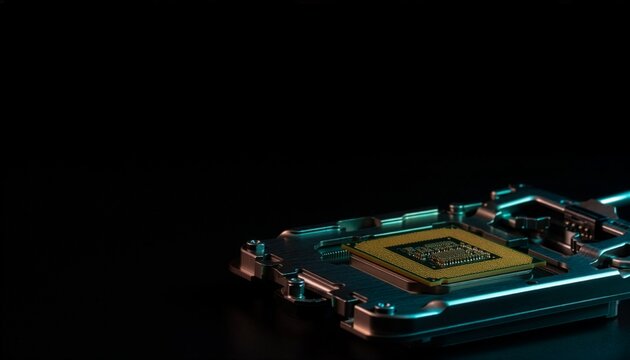 Custom AI silicon ASIC chip hardware with dark copy space for tech design