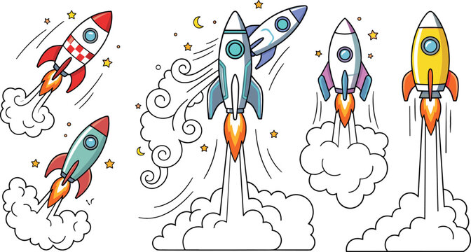 Cute rocket spaceship cartoon sticker elements set featuring colorful spaceships blasting off into space with smoke clouds fire booster flames stars and moons
