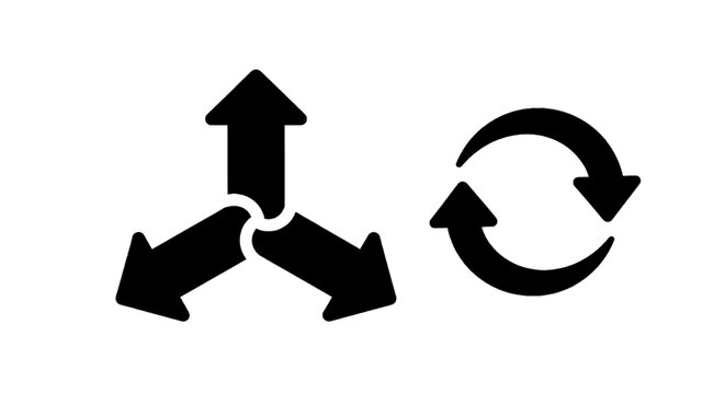 Vector illustration of set of black arrows icons, threeway split and circular refresh symbols on a transparent background