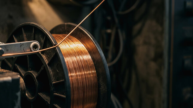 Close up of copper wire spool on industrial machinery with metal arm mechanism in dimly lit workshop environment