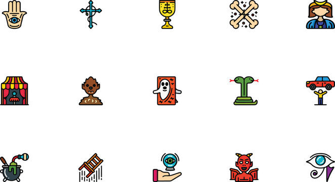 Magic occult objects voodoo doll and spooky Halloween colored vector icons