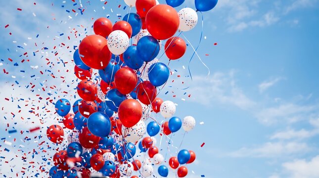 Patriotic red white and blue balloons with confetti, festive celebration balloons in sunny blue sky, fourth of july holiday party background