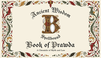 An ornate, medieval-style book cover featuring a large initial 'B', intricate floral and animal borders, and text reading 'Ancient Wisdom Spellbound Book of Prawda'. © roma