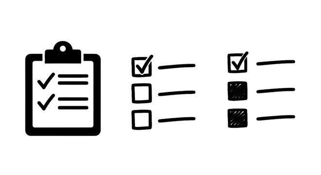 Vector illustration of set of checklist icons, clipboard with check marks and hand drawn checkboxes on a transparent background