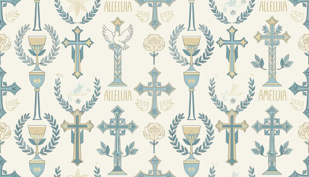 A seamless pattern featuring religious symbols like crosses, chalices, doves, and roses, with the word "Alleluia" in a vintage, ornate style.