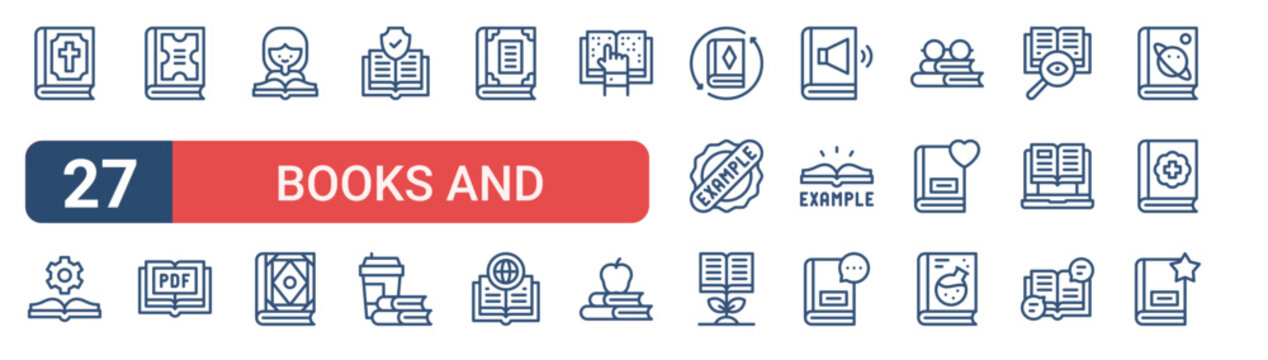 Set of 27 outline Books and Reading icons for modern UI, landing pages and digital services. Editable stroke collection with bible, manual book, book, coffee, example and chemistry.