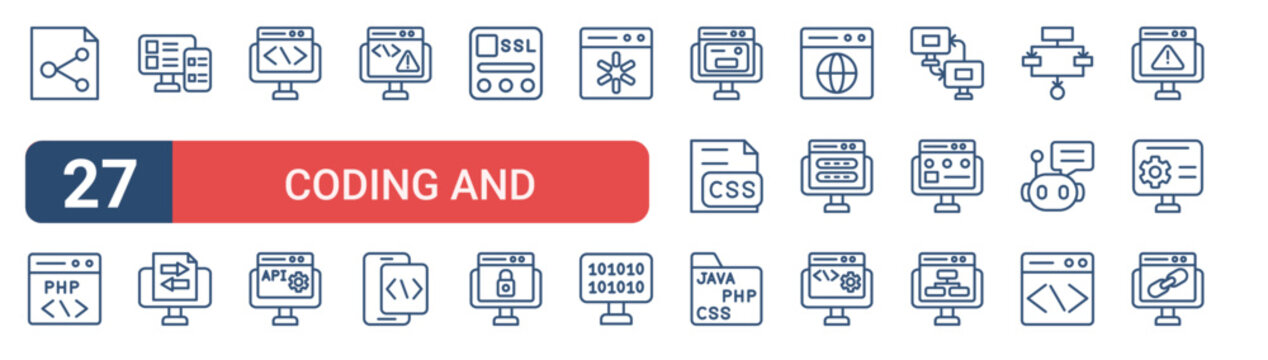 Set of 27 outline Coding and Development icons for modern UI, landing pages and digital services. Editable stroke collection with file sharing, php, responsive de, app development, css file and