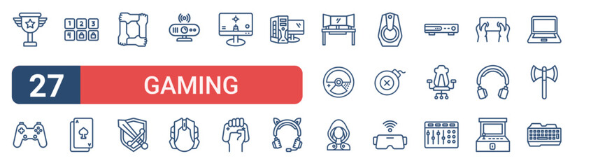 Set of 27 outline Gaming icons for modern UI, landing pages and digital services. Editable stroke collection with trophy, gamepad, level, mouse, racing game and mixer. © Izzat