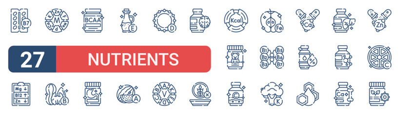 Set of 27 outline Nutrients icons for modern UI, landing pages and digital services. Editable stroke collection with vitamin b, medical checkup, minerals, vitamin a, baby and polyunsaturated fat. © Izzat