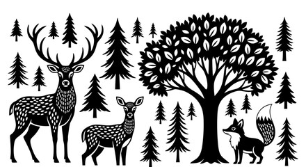 Black and white linocut style illustration of forest animals including deer and fox among pine trees. © Pasni