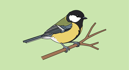Great tit bird illustration perched on a wooden branch with yellow and green feathers. © Pasni