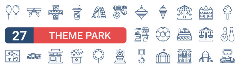 Set of 27 outline Theme Park icons for modern UI, landing pages and digital services. Editable stroke collection with balloons, aquarium, canoeing, magic trick, fastfood and haunted house. © Izzat
