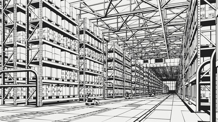 Fototapeta premium Wide Perspective of a Large Industrial Warehouse with Storage Shelves and Logistics Infrastructure for Efficient Distribution and Stock Management