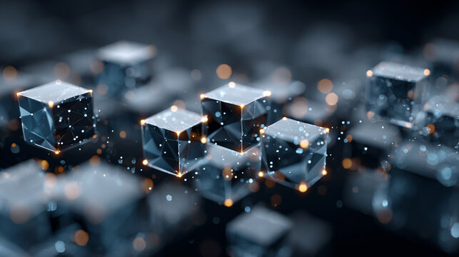 3D cubes with digital binary code floating on dark reflective surface technology concept