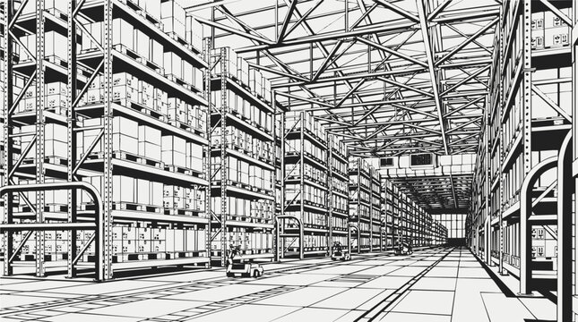 Wide Perspective of a Large Industrial Warehouse with Storage Shelves and Logistics Infrastructure for Efficient Distribution and Stock Management
