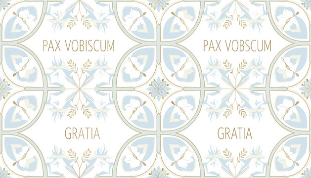 Elegant repeating pattern with Latin phrases 'Pax Vobiscum' and 'Gratia' in a light blue and gold color scheme, reminiscent of classical or religious art.