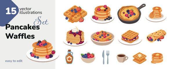 Fototapeta premium Pancakes and waffles set. Collection of delicious breakfast food with fresh berries, maple syrup and coffee. Vector illustrations of sweet desserts and pastries for menu, recipe or cafe design isolate