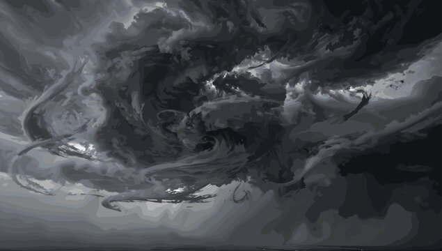 A dramatic, dark, and stormy sky with swirling clouds that resemble mythical creatures or dragons, evoking a sense of awe and power.