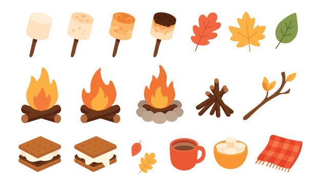 Autumn camping and campfire elements set. Cute vector icons with roasted marshmallows, s'mores, bonfires, fall leaves, mug of hot drink and plaid blanket. Cozy fall adventure collection for stickers, 