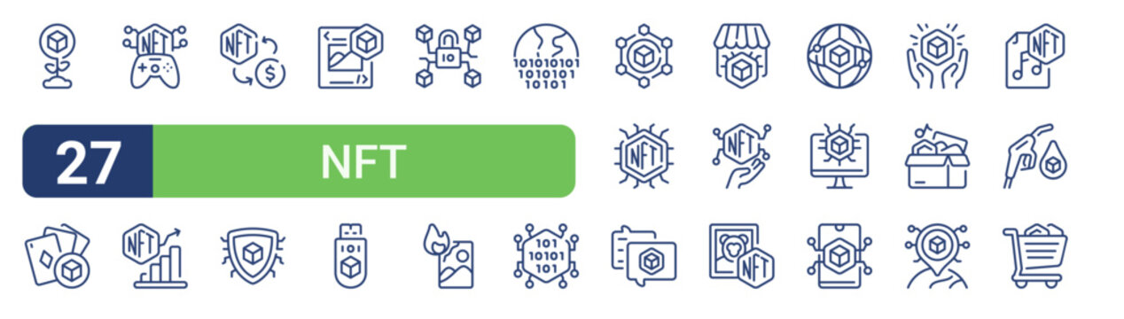 Set of 27 linear Nft icons for web projects, mobile apps and interface menus. Vector icon set including playing cards, exchange, security, blockchain, monkey and purchase.