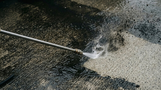 High pressure water jet cleaning dirty asphalt pavement surface with powerful spray stream