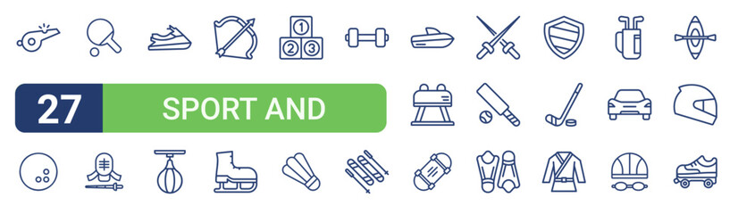 Set of 27 linear Sport and Games icons for web projects, mobile apps and interface menus. Vector icon set including bowling, from sport and games collection. Thin such as boat, motor. for use on web © Icon World
