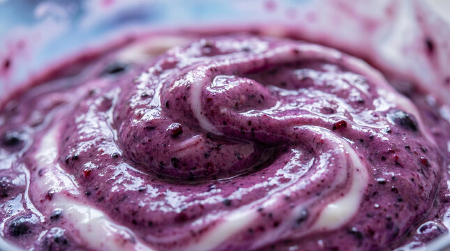 Macro close-up of a thick blueberry smoothie swirling with creamy yogurt. Highly detailed, rich purple marbled texture. Delicious, fresh and healthy food background.