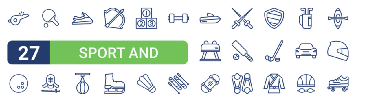 Set of 27 linear Sport and Games icons for web projects, mobile apps and interface menus. Vector icon set including bowling, from sport and games collection. Thin such as boat, motor. for use on web