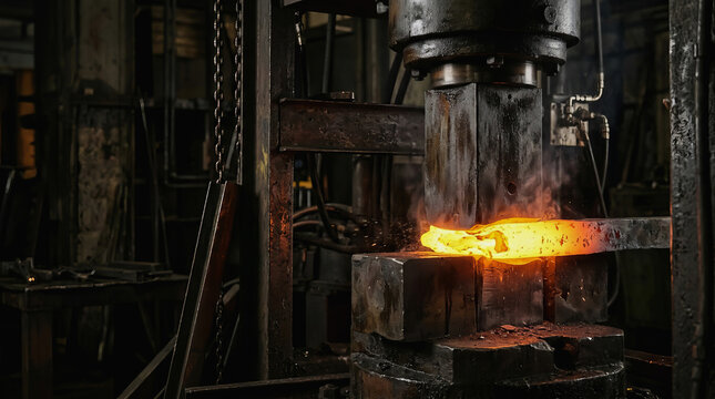 Industrial hydraulic press forging glowing hot metal billet in dark heavy machinery workshop environment