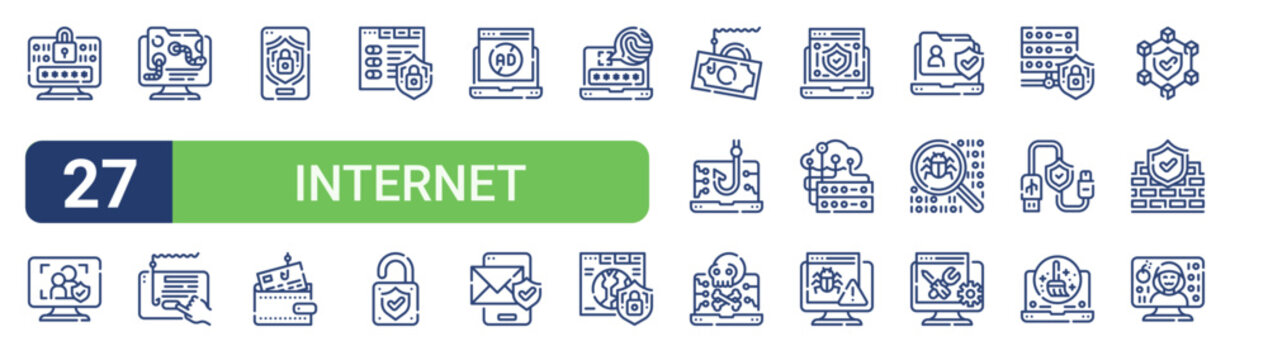 Set of 27 linear Internet Security icons for web projects, mobile apps and interface menus. Vector icon set including control, smartphone, ad blocker, money, warning and hacker.