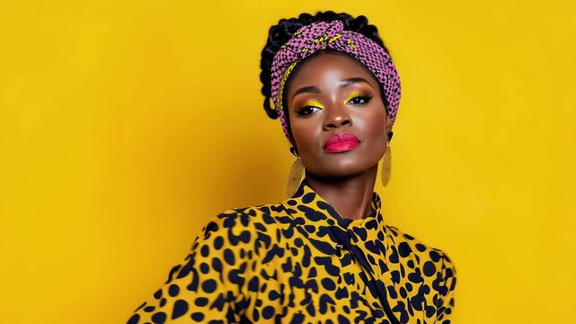 Elegant portrait of woman with braided hair wearing patterned headwrap and leopard print attire against vibrant sunlit yellow backdrop for bold fashion editorial statement.