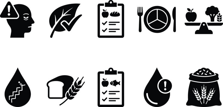 Dietary health icons set featuring nutrition planning mental awareness food balance and grain carbohydrates.